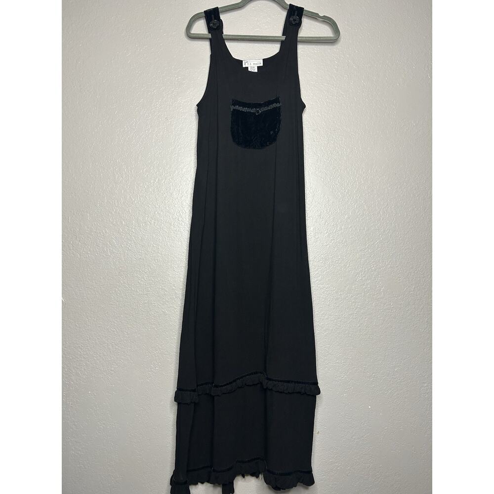 F.L. Malik Sleeveless Button Velvet Detail‎ Tiered Vintage Dress Black Size Sm